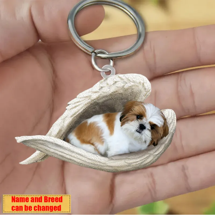 Personalized Stainless Dog Sleeping Angel Keychain - Double Sides Printed