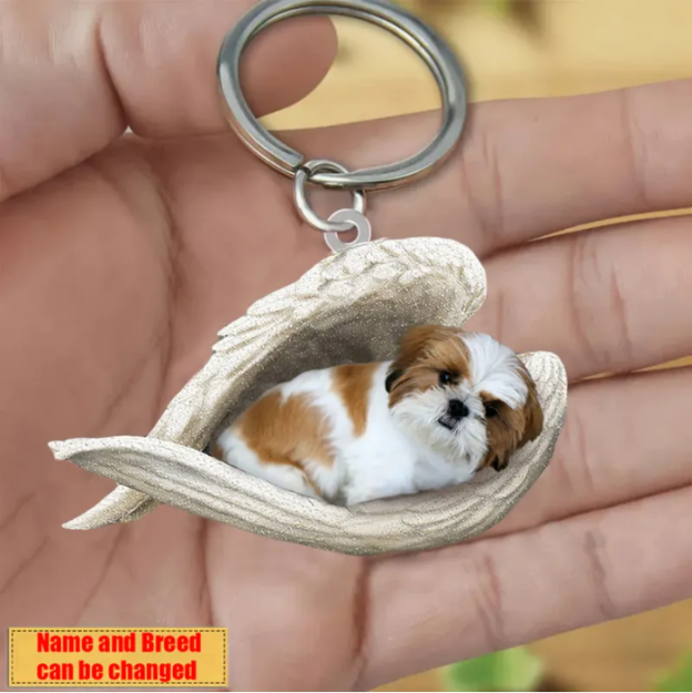 Personalized Stainless Dog Sleeping Angel Keychain - Double Sides Printed