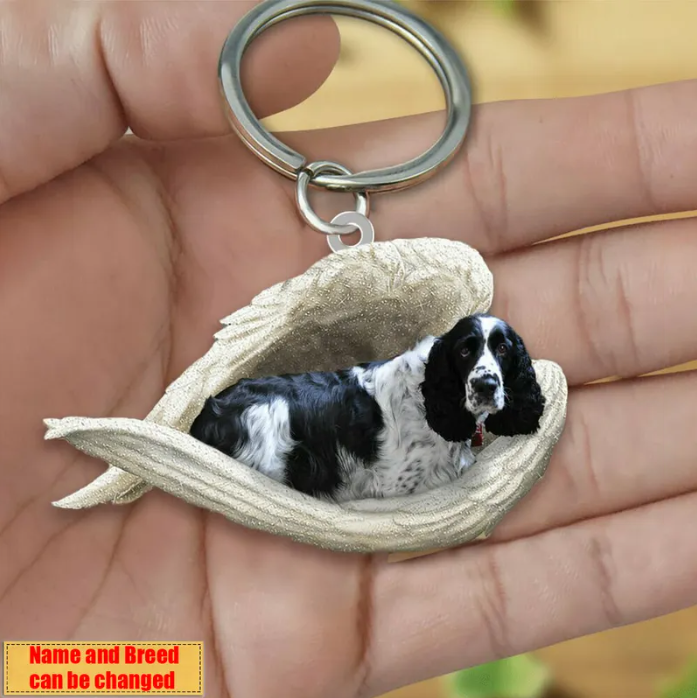 Personalized Stainless Dog Sleeping Angel Keychain - Double Sides Printed