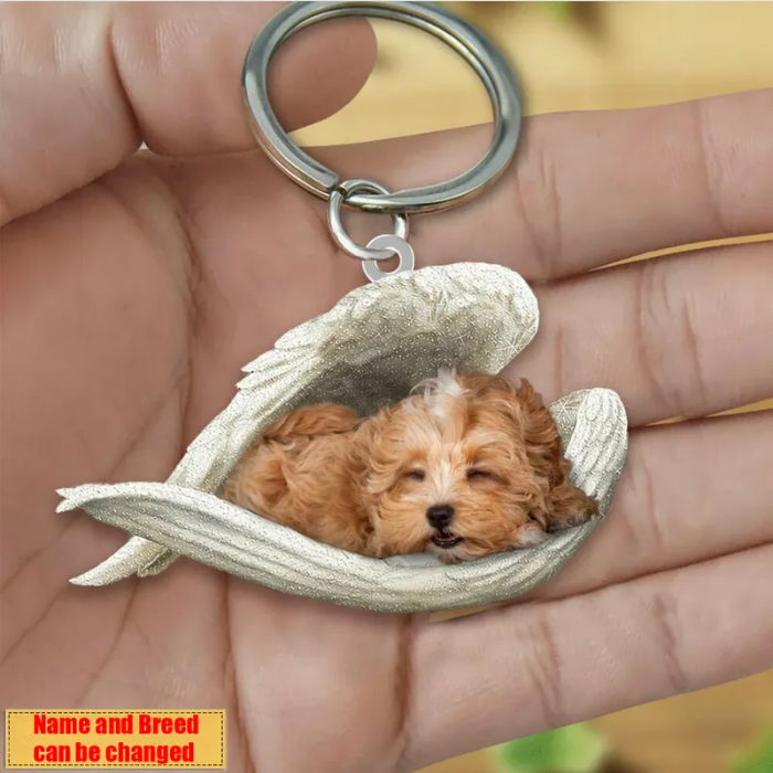 Personalized Stainless Dog Sleeping Angel Keychain - Double Sides Printed