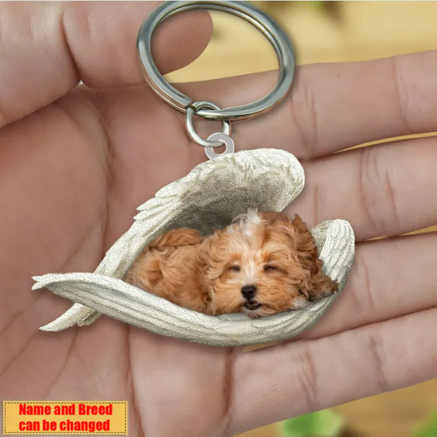 Personalized Stainless Dog Sleeping Angel Keychain - Double Sides Printed