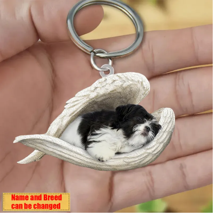 Personalized Stainless Dog Sleeping Angel Keychain - Double Sides Prin