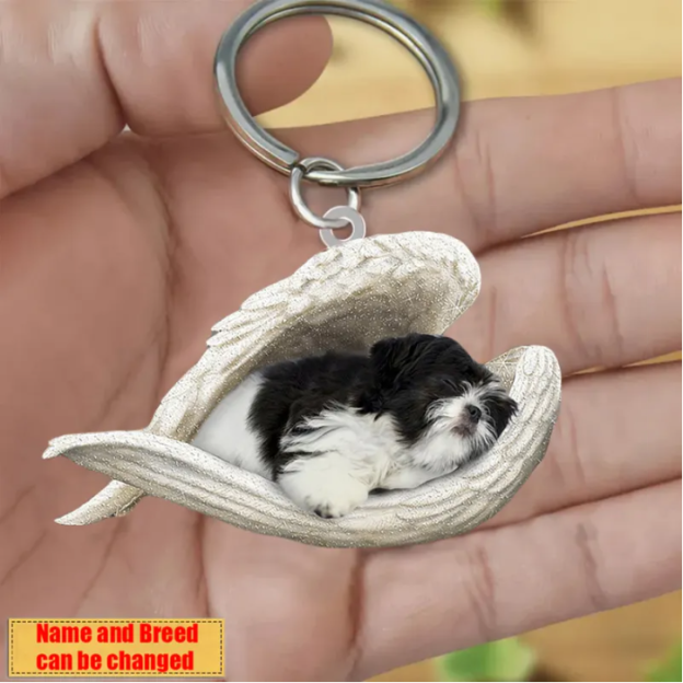 Personalized Stainless Dog Sleeping Angel Keychain - Double Sides Printed
