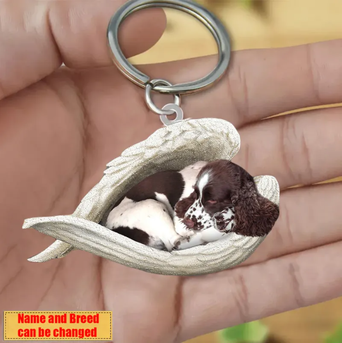 Personalized Stainless Dog Sleeping Angel Keychain - Double Sides Prin