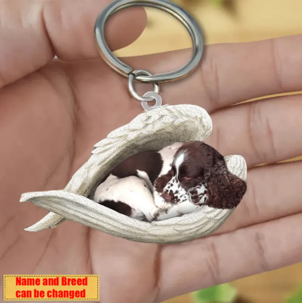 Personalized Stainless Dog Sleeping Angel Keychain - Double Sides Printed