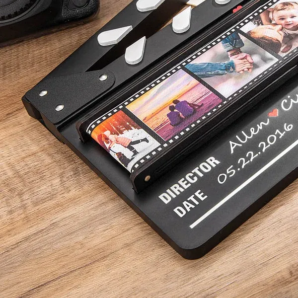 Personalized Rolling Photos Wooden Ornament with Film Clapperboard Design Anniversary Valentine's Day Romantic Gift for Couple