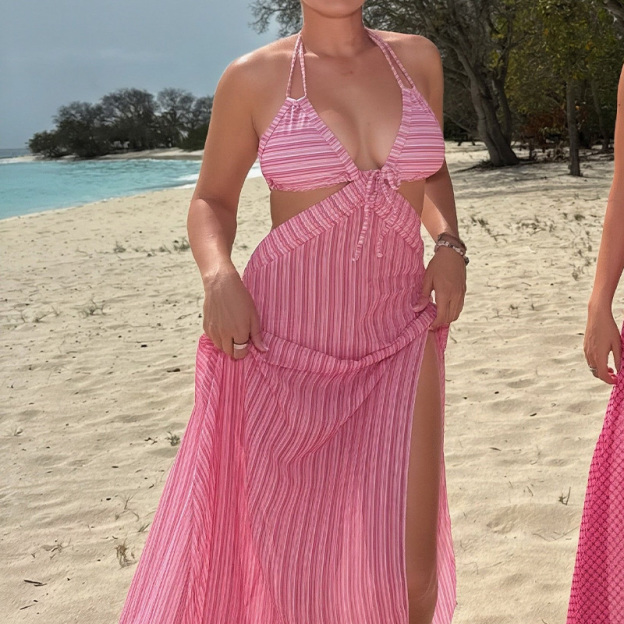 Bohemian striped cover-up bikini set