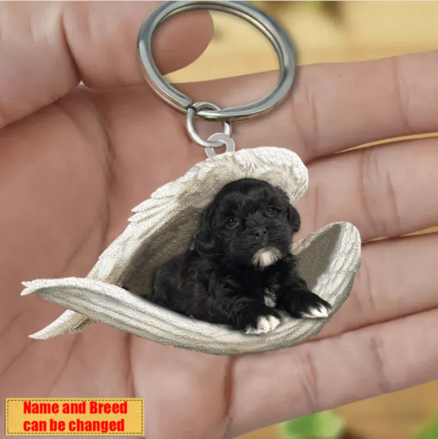 Personalized Stainless Dog Sleeping Angel Keychain - Double Sides Printed