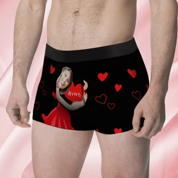 Custom Face Men's Boxer It'S Mine Style Underwear, Birthday Gifts for Husband, Waistband Text Boxer Gift