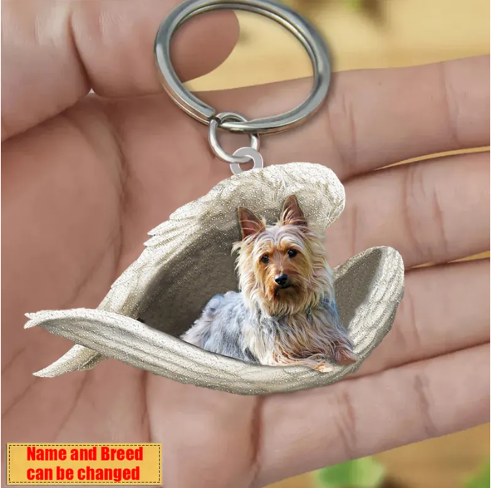 Personalized Stainless Dog Sleeping Angel Keychain - Double Sides Printed
