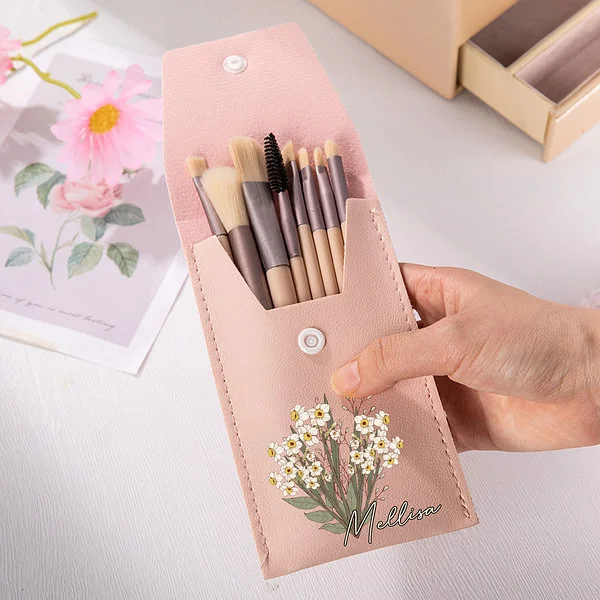 Personalized Birth Flower Bouquet Makeup Brush Bag Portable Travel Cosmetic Organizer with 8 Makeup Brushes Bridal Party Birthday Gift for Her