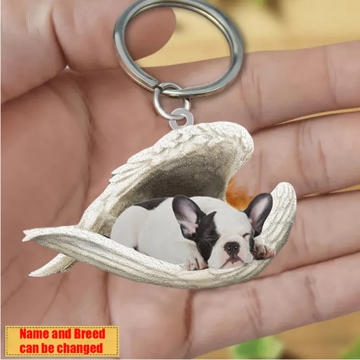 Personalized Stainless Dog Sleeping Angel Keychain - Double Sides Printed