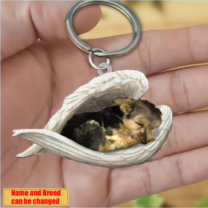 Personalized Stainless Dog Sleeping Angel Keychain - Double Sides Printed