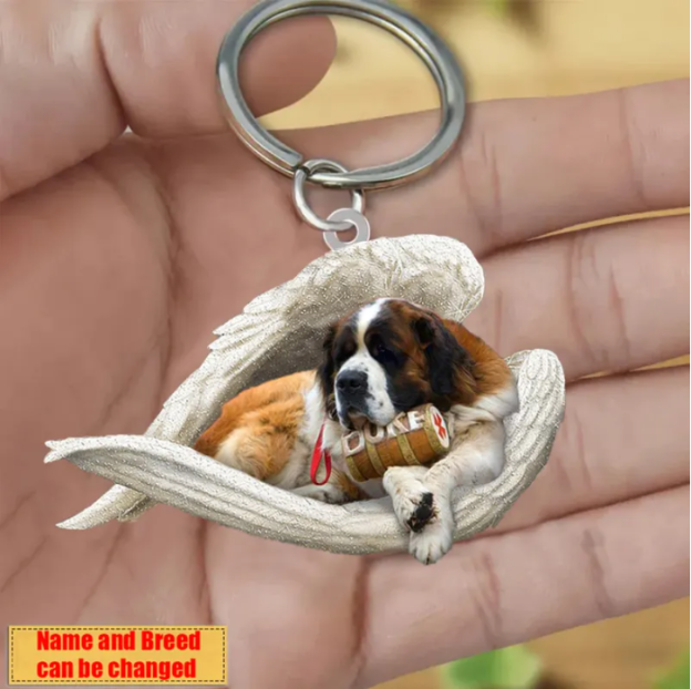 Personalized Stainless Dog Sleeping Angel Keychain - Double Sides Printed