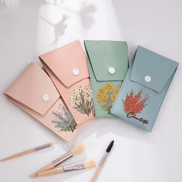 Personalized Birth Flower Bouquet Makeup Brush Bag Portable Travel Cosmetic Organizer with 8 Makeup Brushes Bridal Party Birthday Gift for Her