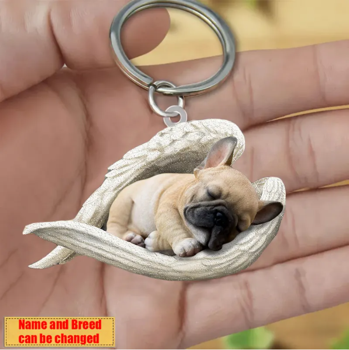 Personalized Stainless Dog Sleeping Angel Keychain - Double Sides Printed