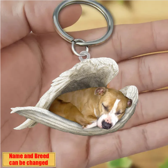 Personalized Stainless Dog Sleeping Angel Keychain - Double Sides Prin