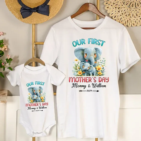 Personalized Cute Elephant Our First Mother's Day Cotton T-shirt with Text First Mother's Day Birthday Gift for New Mommy