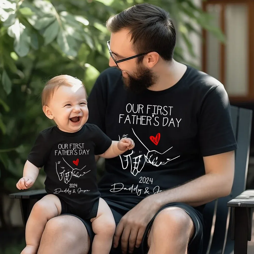 Customized Holding Hands Name Parent-child Shirt, Our First Father's Day Shirt, Cotton Father&Baby Bodysuit, Birthday/Father's Gift for Dad/Grandpa
