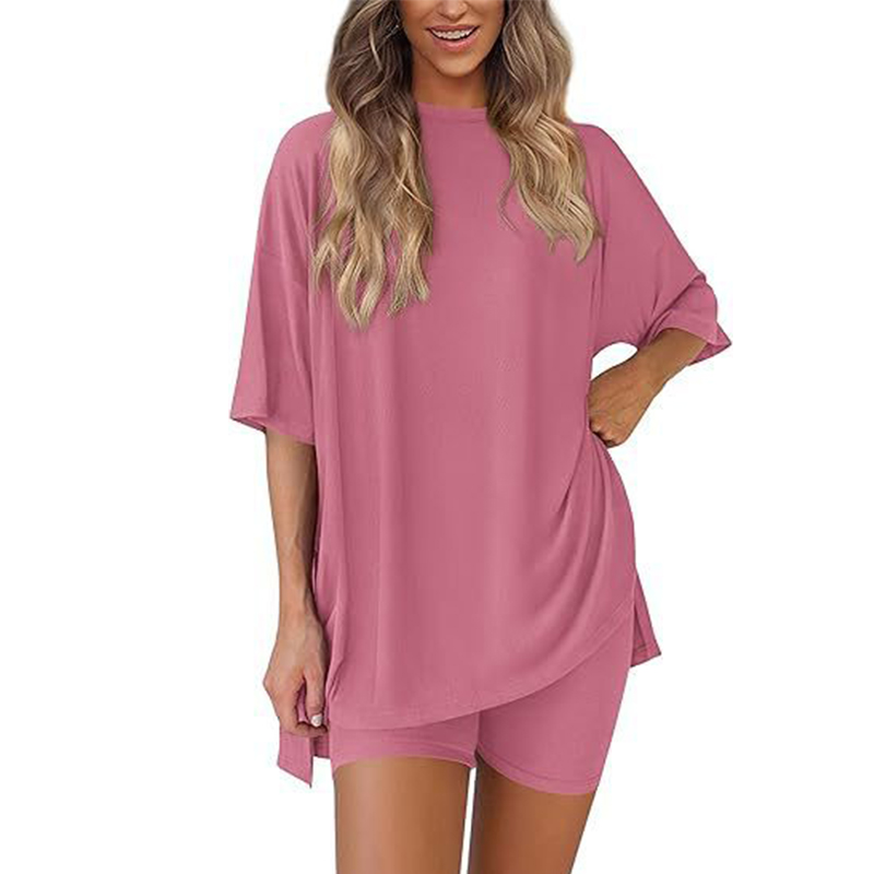 Summer casual round neck slit shirt side pocket shorts two-piece set 