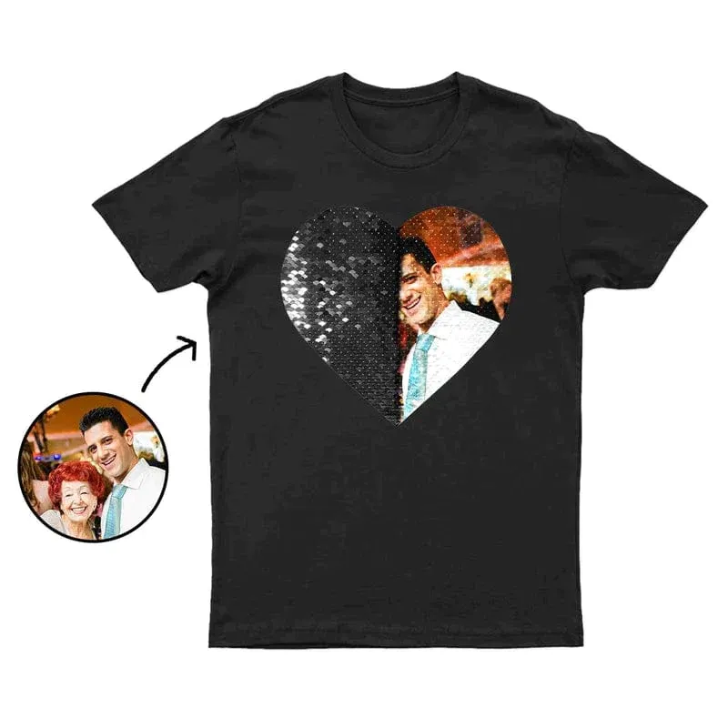 Personalized photo heart sequin t-shirts for men and women