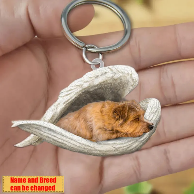 Personalized Stainless Dog Sleeping Angel Keychain - Double Sides Printed