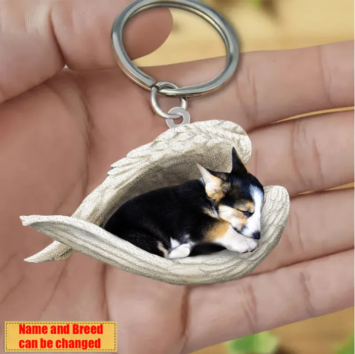 Personalized Stainless Dog Sleeping Angel Keychain - Double Sides Prin