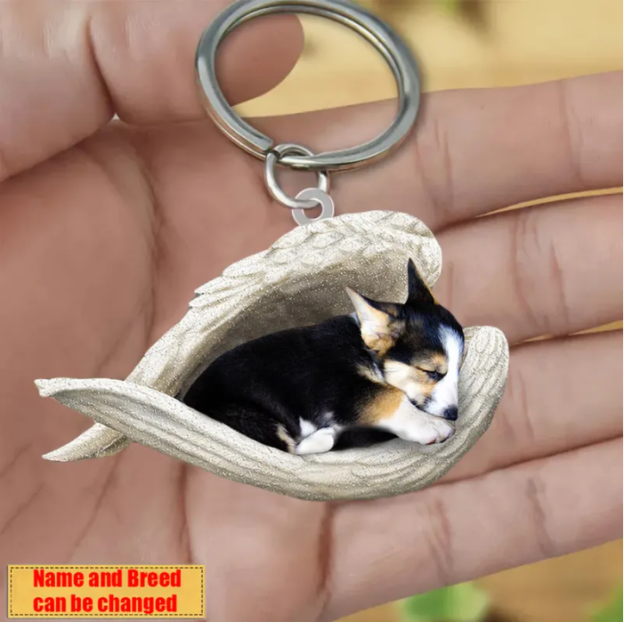 Personalized Stainless Dog Sleeping Angel Keychain - Double Sides Printed
