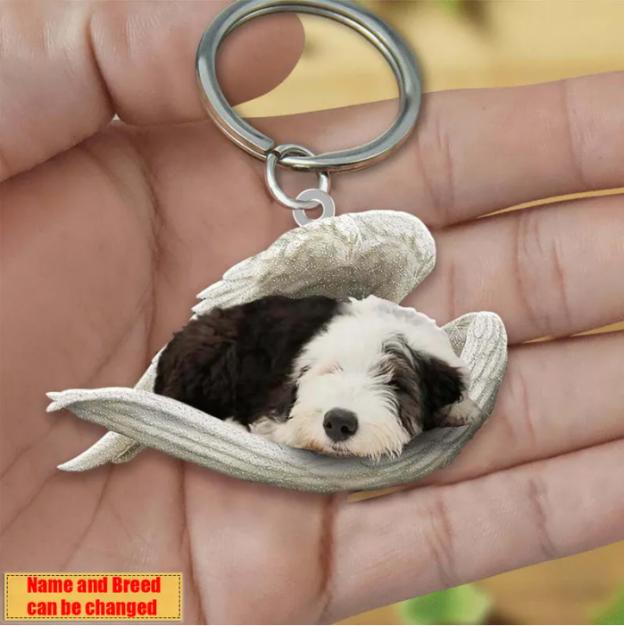 Personalized Stainless Dog Sleeping Angel Keychain - Double Sides Printed