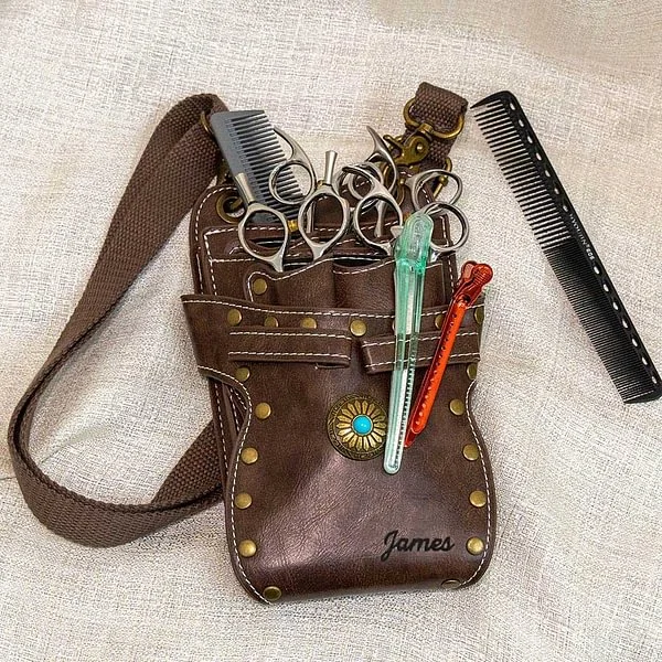 Personalized Multi-Compartment Leather Hairdressing Scissors Waist Bag with Name and Belt Gift for Hairstylist Barber