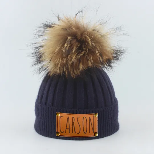 5 Colors Personalized Knitted PomPom Hat(Vegan Leather Patch)