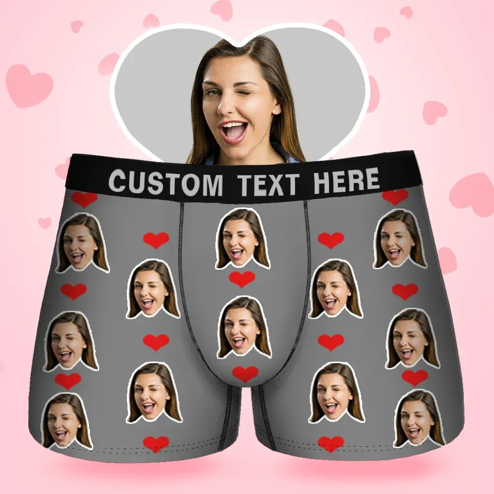 Custom Face Men's Boxer Sweet Heart Love Style Underwear, Birthday Gifts for Husband, Waistband Text Boxer Gift