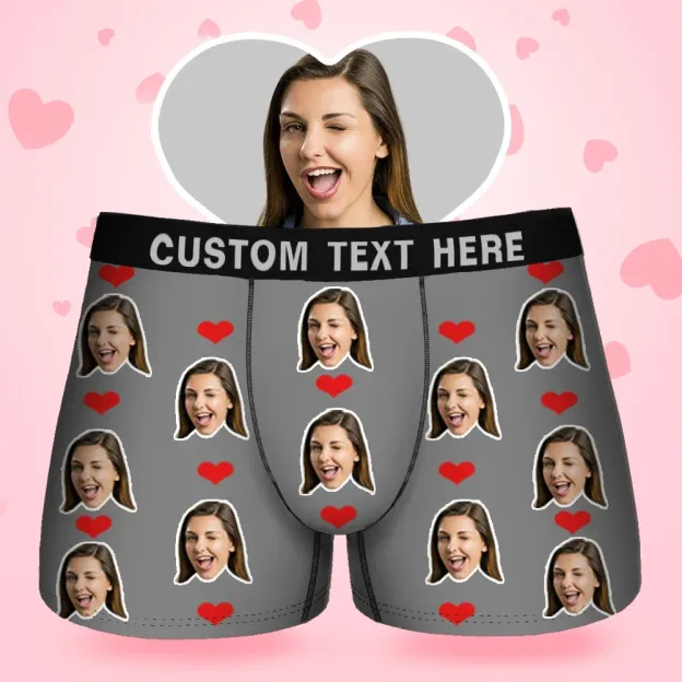 Custom Face Men's Boxer Sweet Heart Love Style Underwear, Birthday Gifts for Husband, Waistband Text Boxer Gift