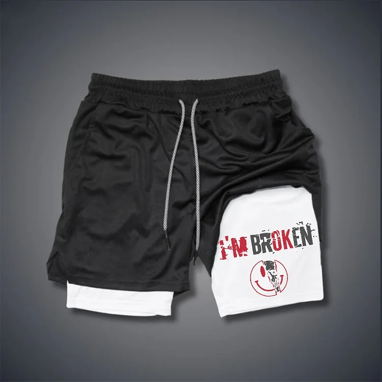I’M BROKEN AND SMILING FACE SKULL GRAPHIC GYM PERFORMANCE SHORTS