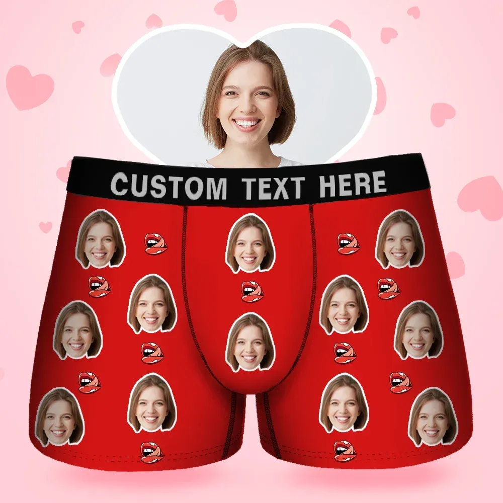 Father's Day Gifts Custom Face Men's Boxer Kiss Lip Gift For Him Couple Style Underwear, Birthday Gifts for Husband, Waistband Text Boxer Gift