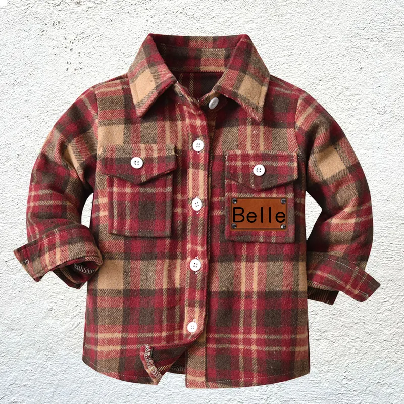 Personalized Leather Patch Kids Flannel Jacket