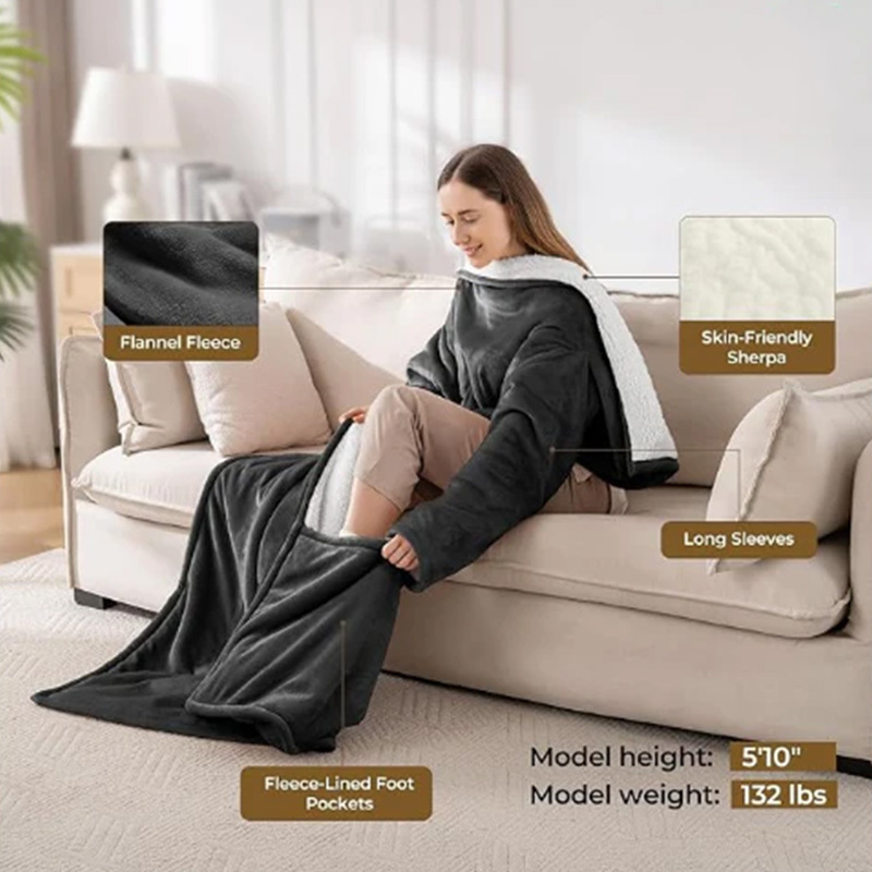 Wearable heated blanket with foot bag