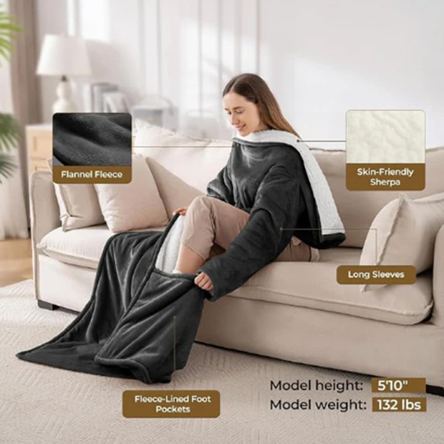 Wearable heated blanket with foot bag