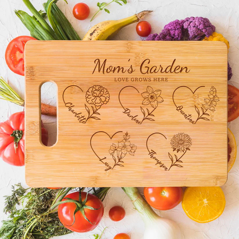 Customized Mom's Garden Cutting Board With Heart Birth Flowers Names