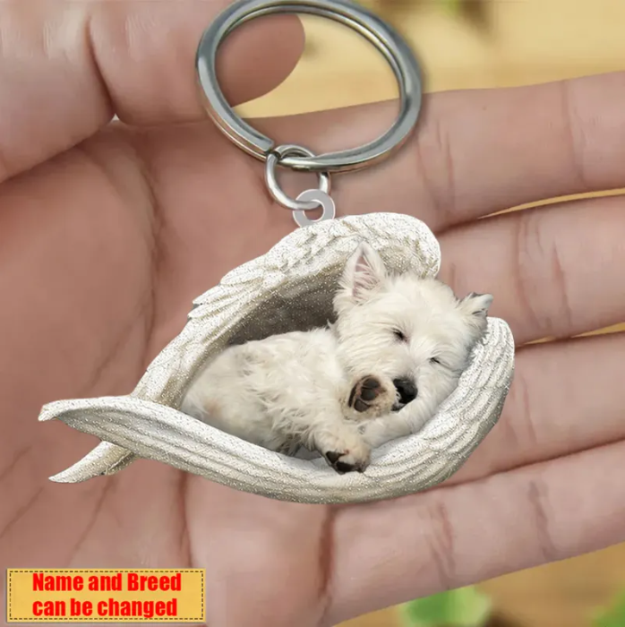 Personalized Stainless Dog Sleeping Angel Keychain - Double Sides Prin