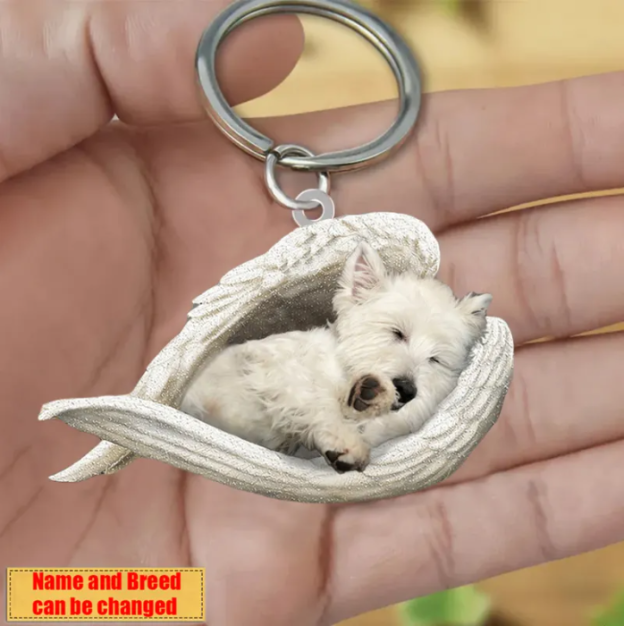 Personalized Stainless Dog Sleeping Angel Keychain - Double Sides Printed