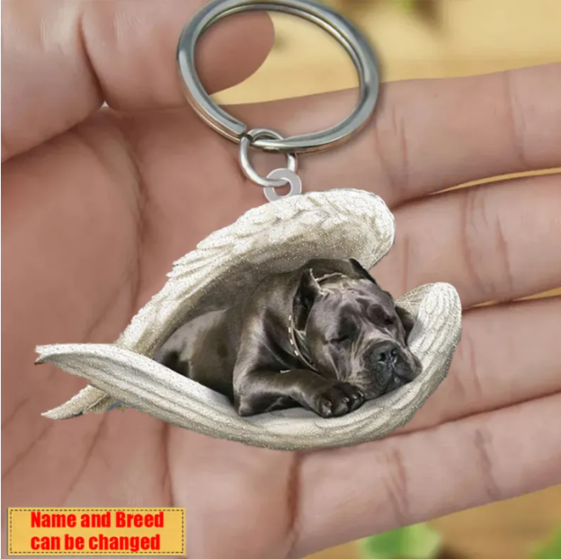 Personalized Stainless Dog Sleeping Angel Keychain - Double Sides Printed