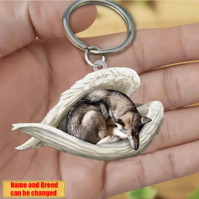 Personalized Stainless Dog Sleeping Angel Keychain - Double Sides Printed