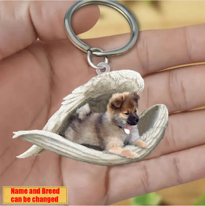 Personalized Stainless Dog Sleeping Angel Keychain - Double Sides Prin