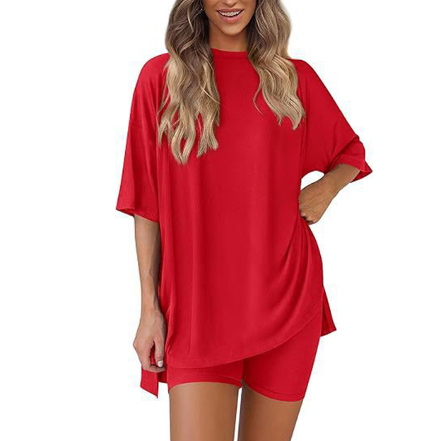 Summer casual round neck slit shirt side pocket shorts two-piece set 