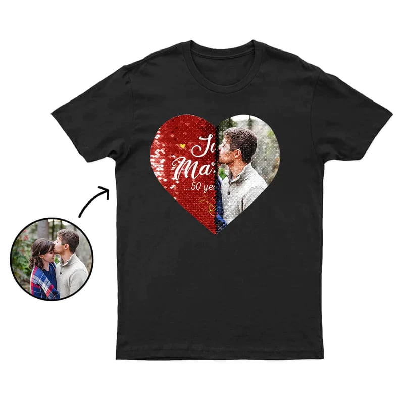 Personalized photo heart sequin t-shirts for men and women