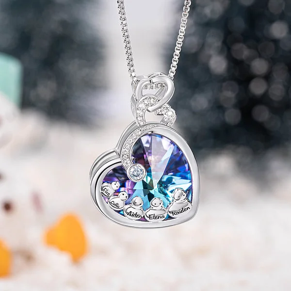 Personalised Snowman Family Heart Necklace with Engraved Names and Birthstone Jewellery