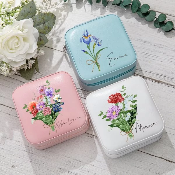 Personalized Leather Name Travel Jewelry Box with Watercolor Birth Flowers Bouquet Portable Jewelry Case for Women Girls
