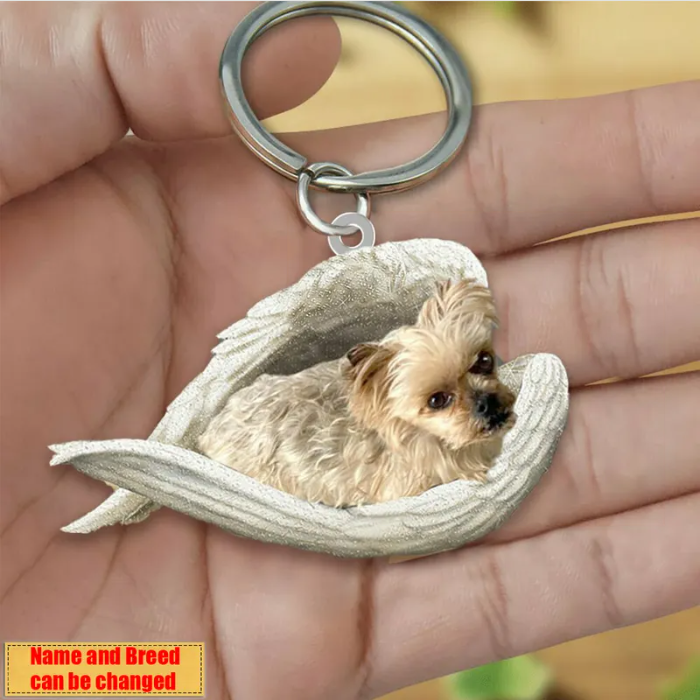 Personalized Stainless Dog Sleeping Angel Keychain - Double Sides Printed