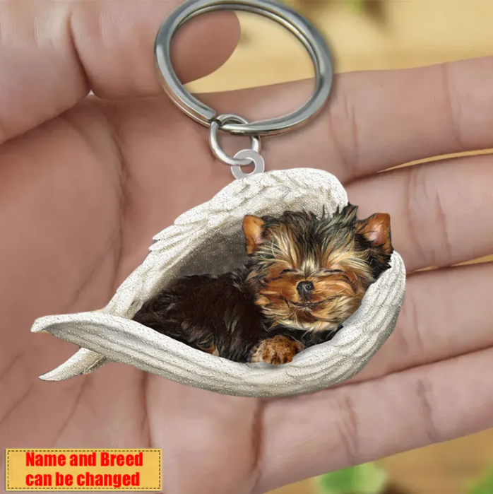 Personalized Stainless Dog Sleeping Angel Keychain - Double Sides Printed